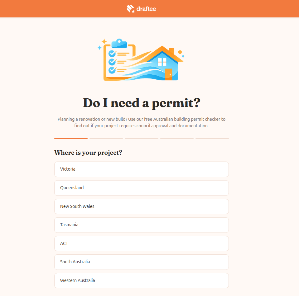 doineedapermit.au landing page: a step-by-step permit-checker asking ‘Where is your project?’ with Australian states as options.