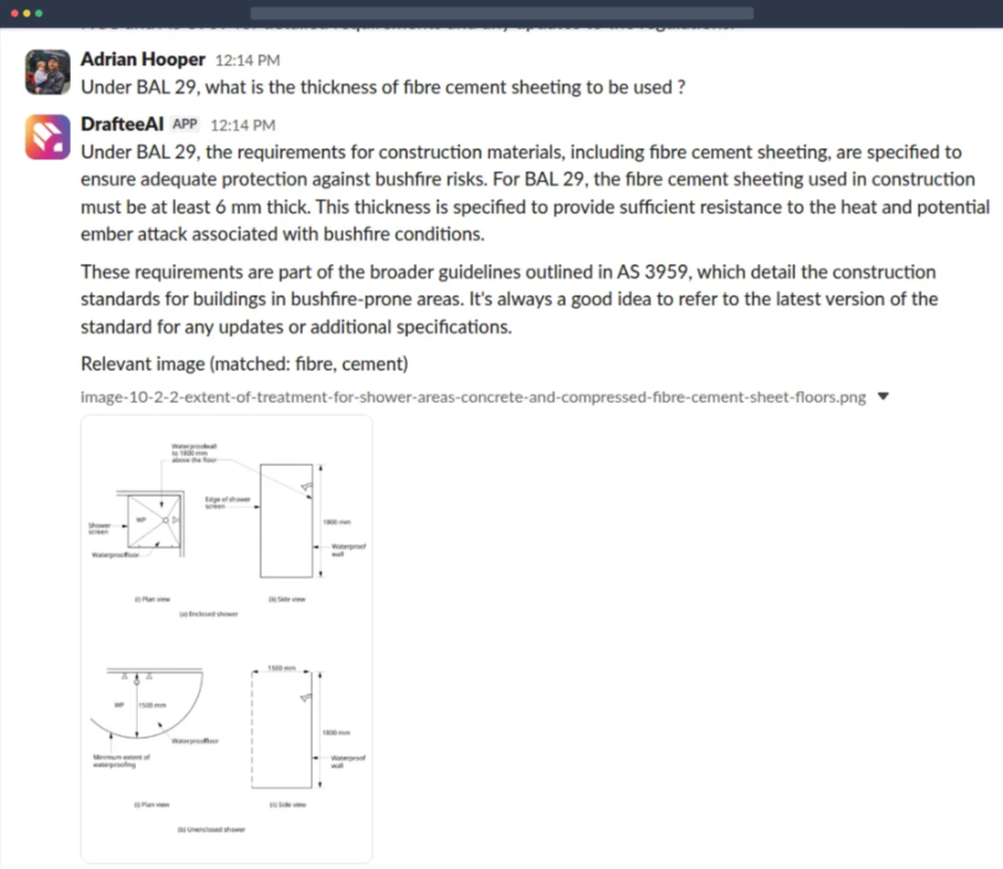 DrafteeAI answering a Slack compliance question about BAL 29 fibre cement sheeting, with a referenced diagram pulled from the National Construction Code.