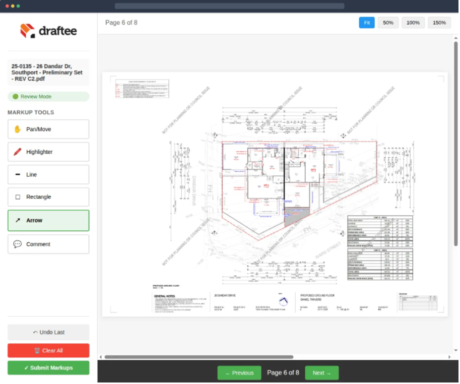 Draftee Markup interface showing PDF markup tools alongside an annotated architectural site plan.
